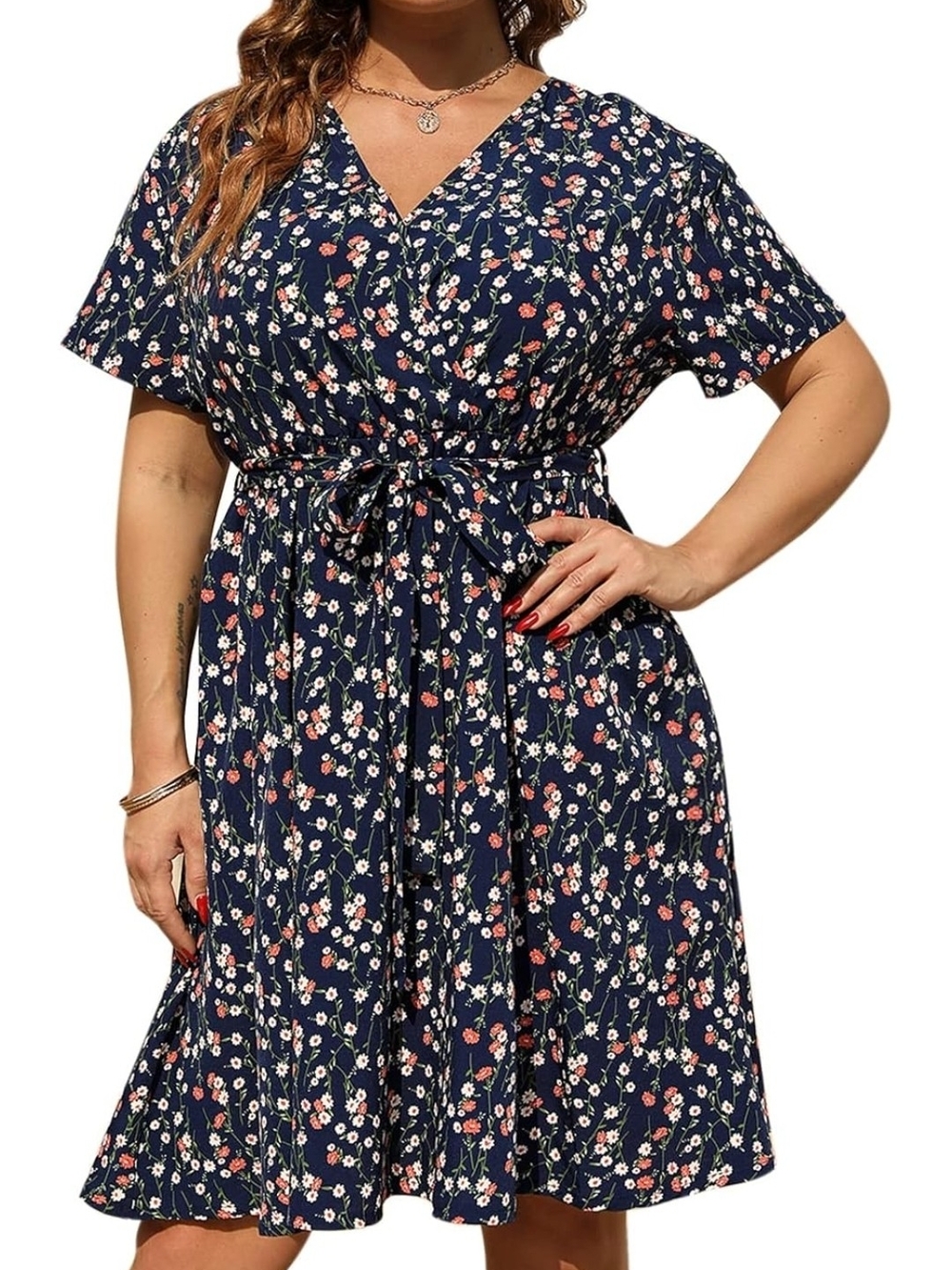 Floral V-Neck Tie-Waist Midi Dress in Navy